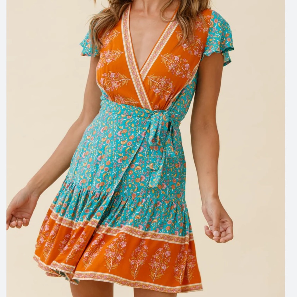 Wrap Mini Dress in Orange & Turquoise Floral